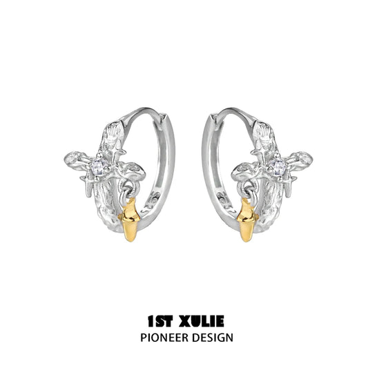 Silver Cross Ear Clips by 1STXULIE featuring a unique design with gold accents