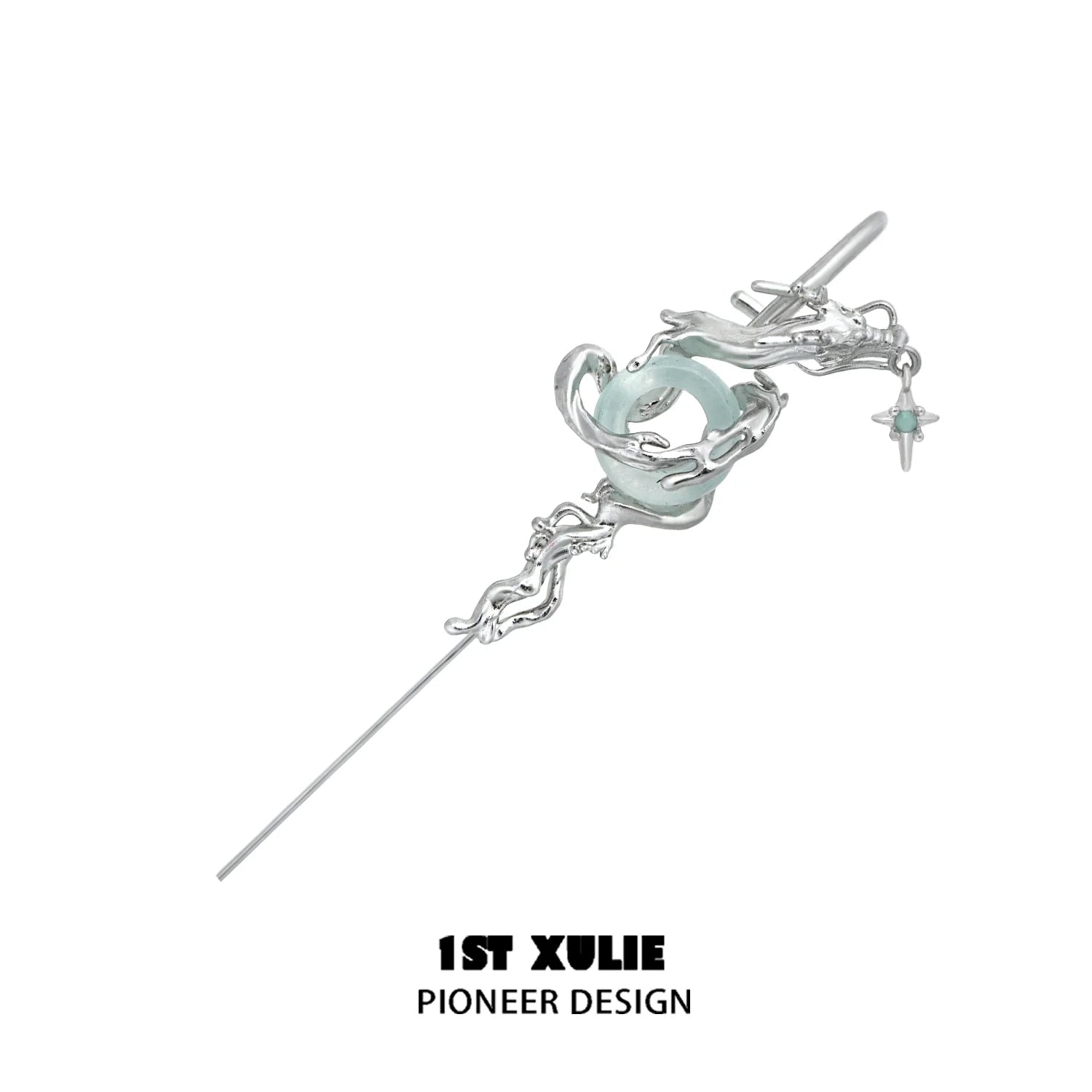 Unique silver dragon ear piercing with intricate details and a gemstone accent for a stylish look