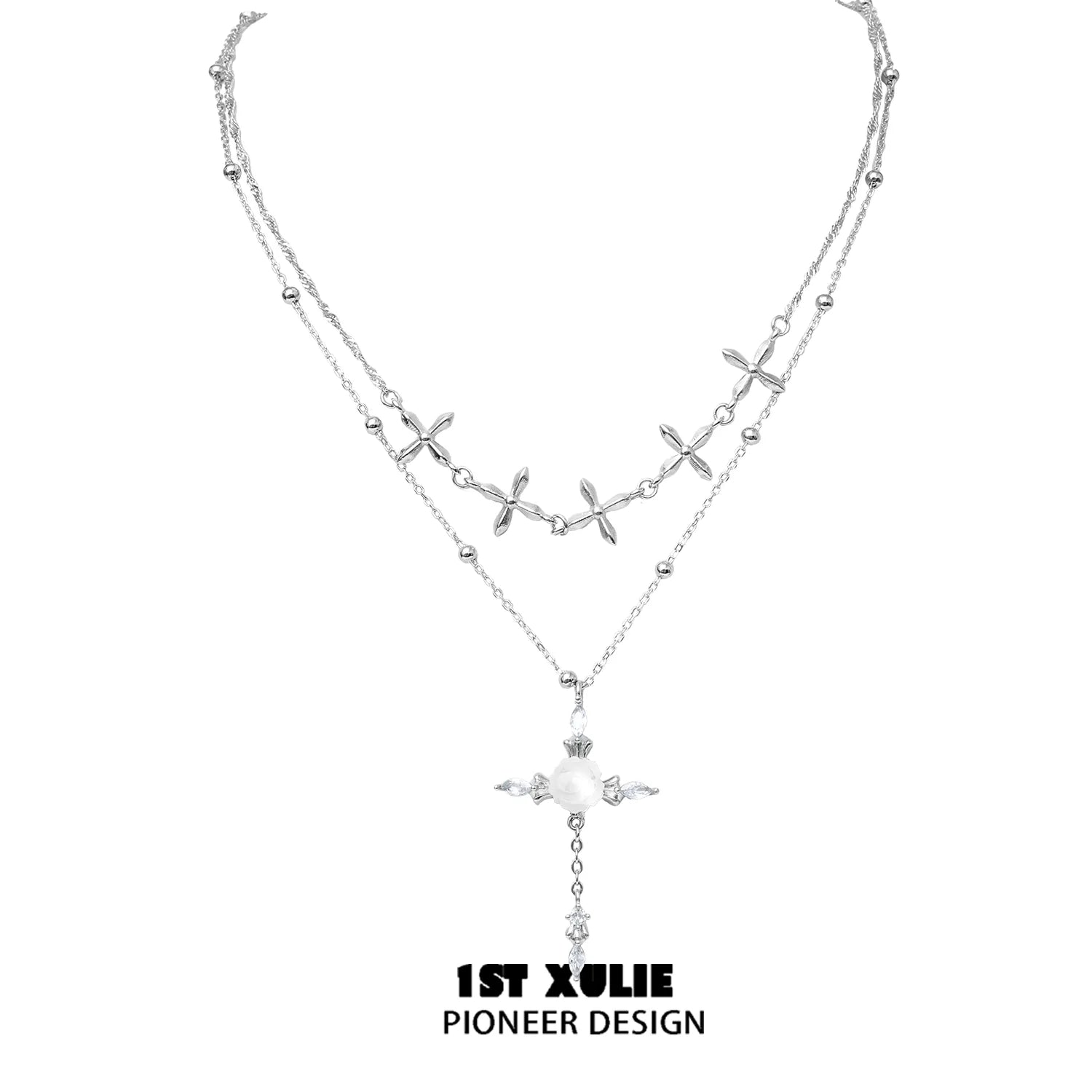 Elegant silver rose cross necklace with layered design and sparkling accents for stylish looks