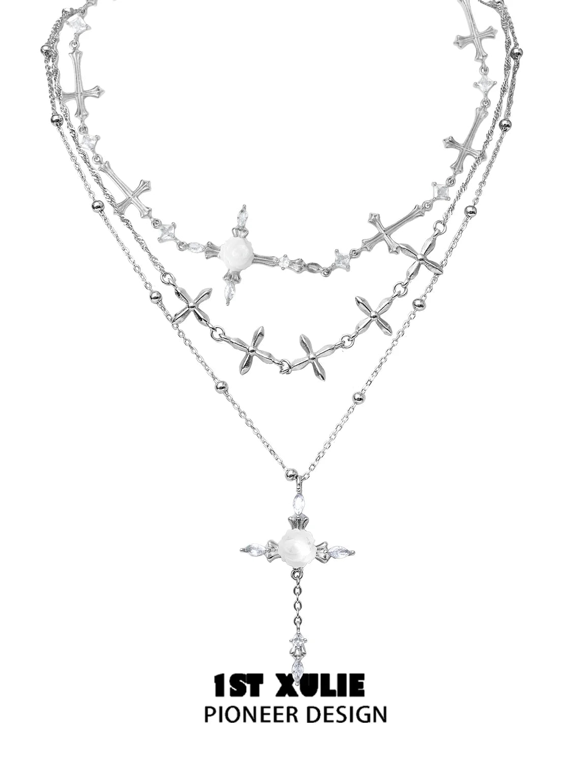 Elegant silver rose cross necklace featuring layered crosses and decorative beads