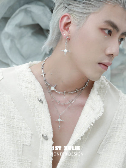Stylish Model Wearing a Silver Rose Cross Necklace with Elegant Layered Design
