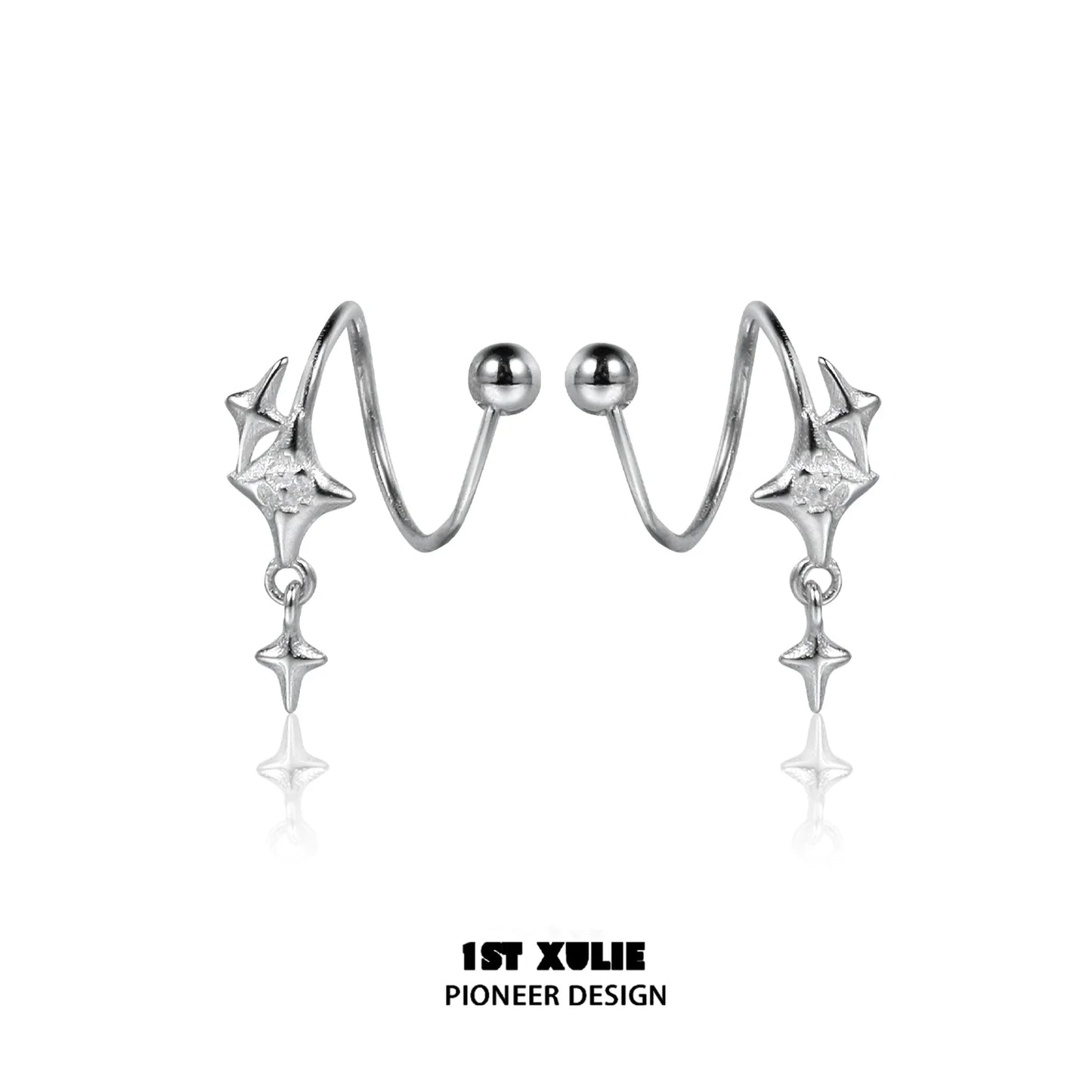 Stylish silver star earrings with a unique wave design and dangling star charms