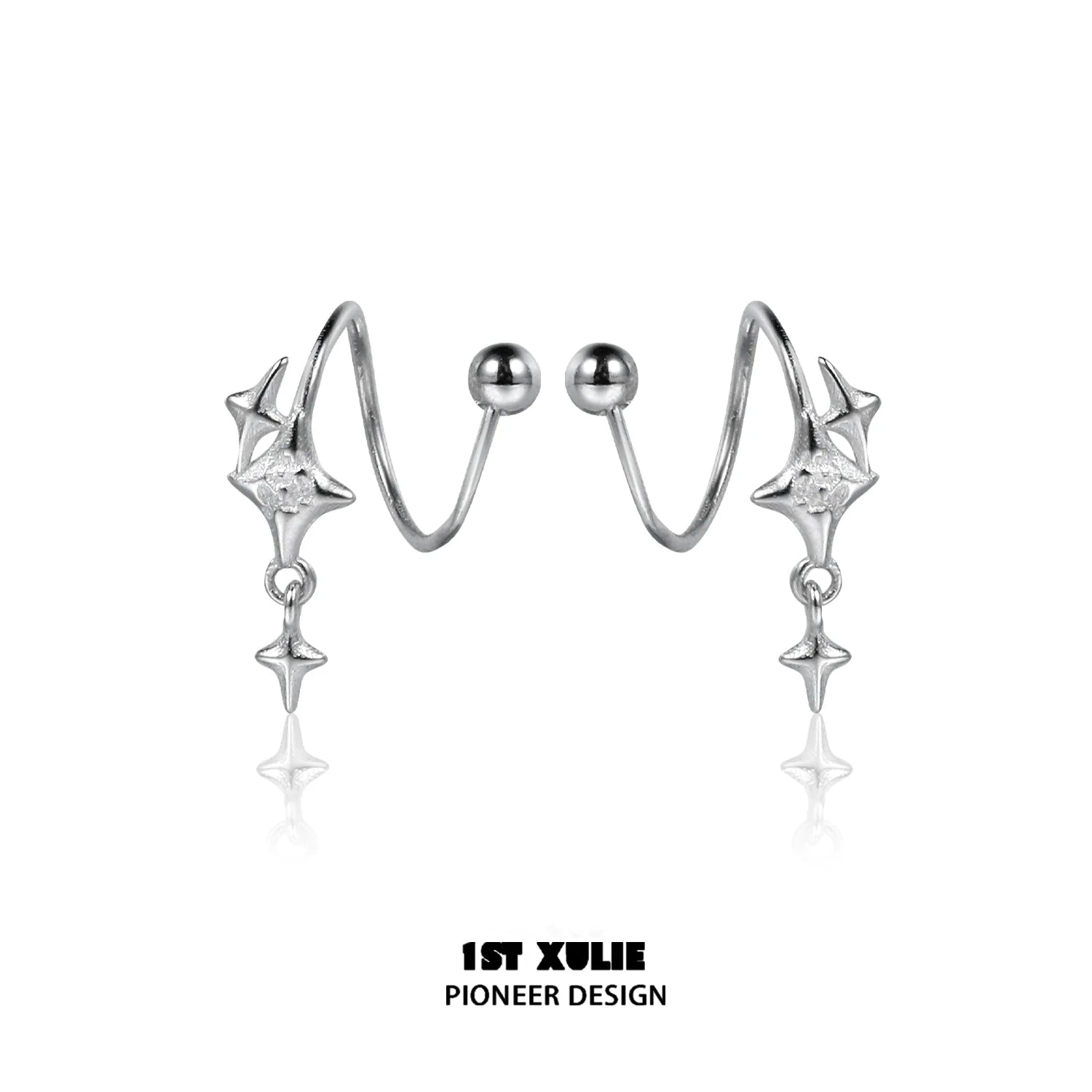 Stylish silver star earrings with a unique wave design and dangling star charms