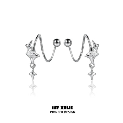 Stylish silver star earrings with a unique wave design and dangling star charms