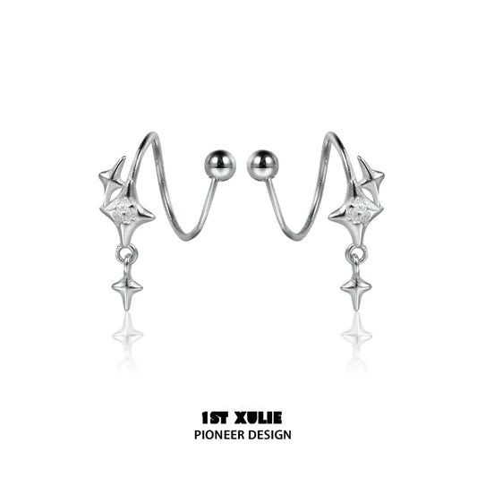 Stylish silver star earrings with a unique wave design and dangling star charms