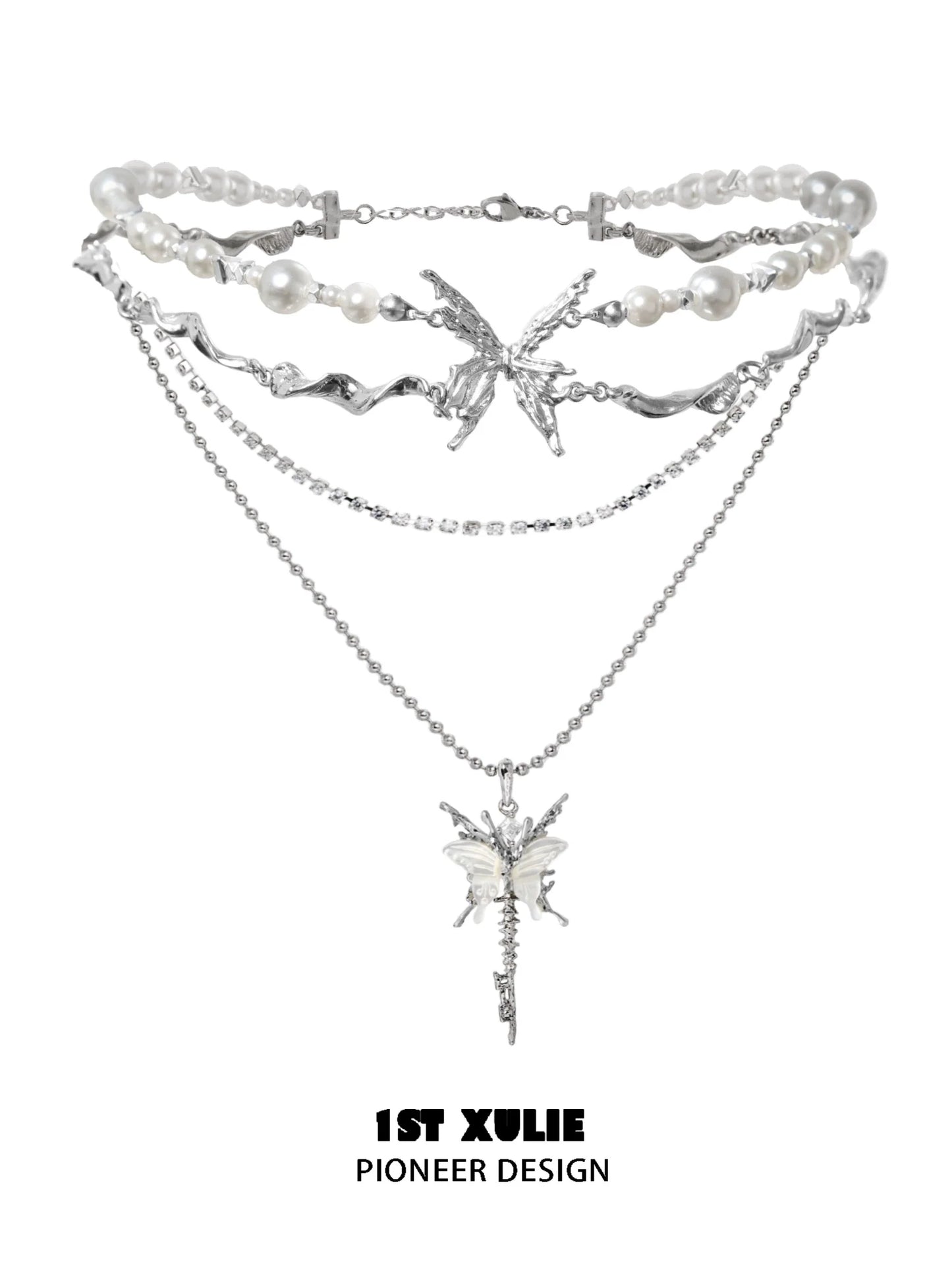 Skeleton butterfly pearl necklace with layered silver chains and elegant pearl accents