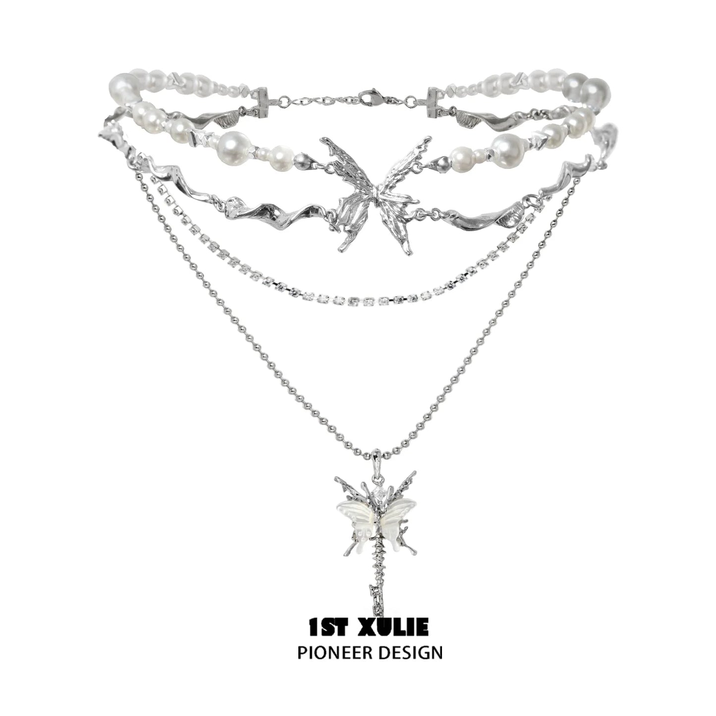 1ST XULIE skeleton butterfly pearl necklace with layered silver chains and delicate pearl accents