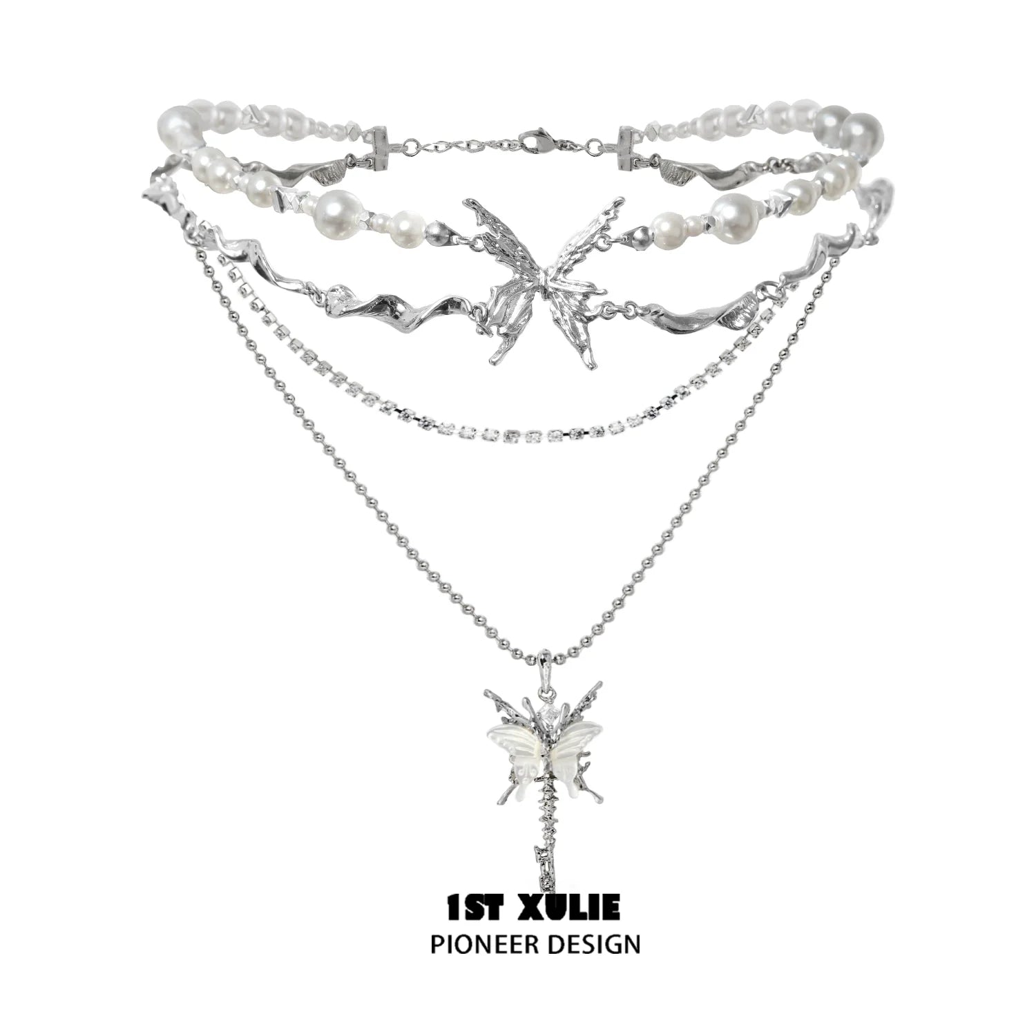 1ST XULIE skeleton butterfly pearl necklace with layered silver chains and delicate pearl accents