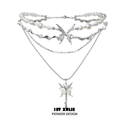 1ST XULIE skeleton butterfly pearl necklace with layered silver chains and delicate pearl accents