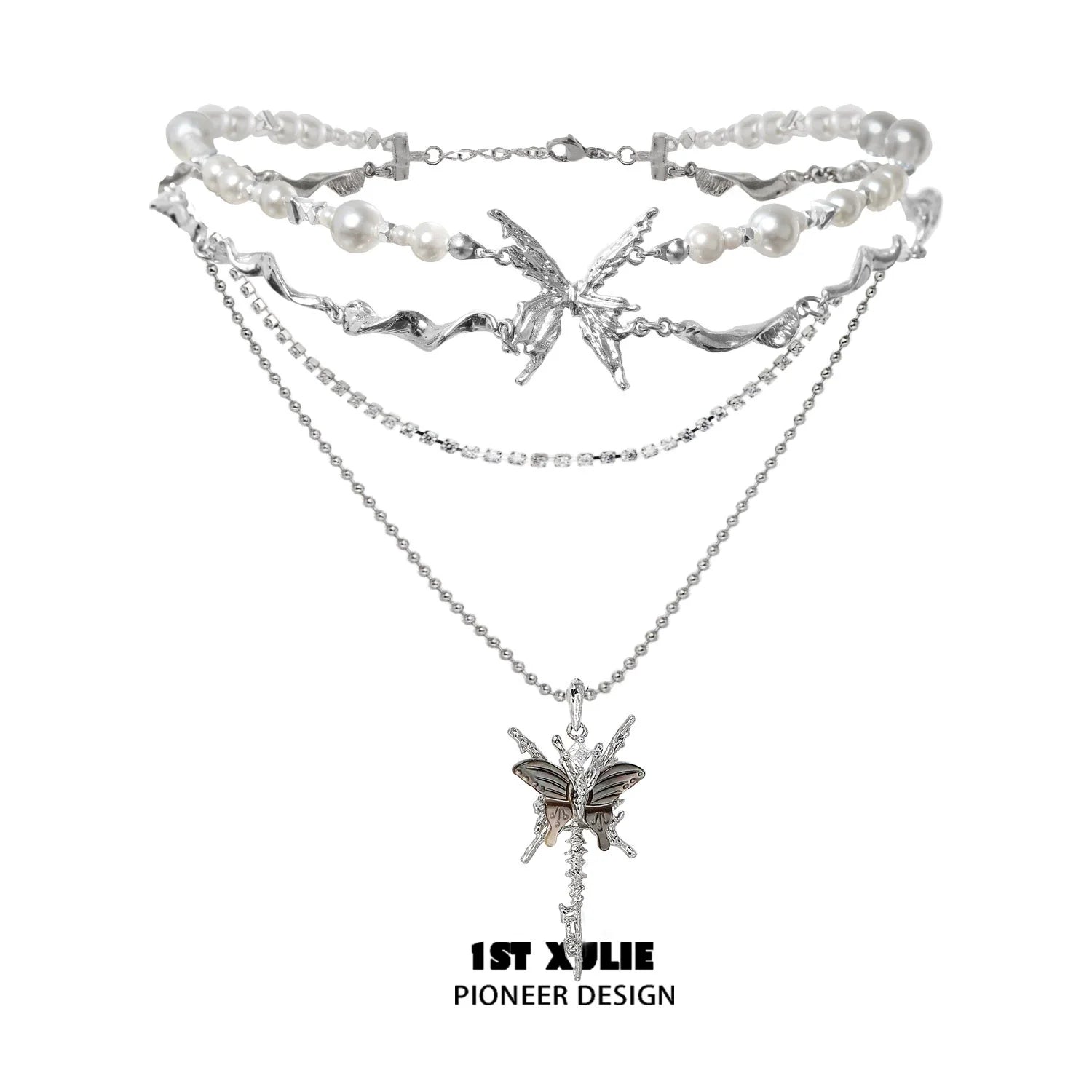 Layered skeleton butterfly pearl necklace with silver chains and detailed butterfly pendant
