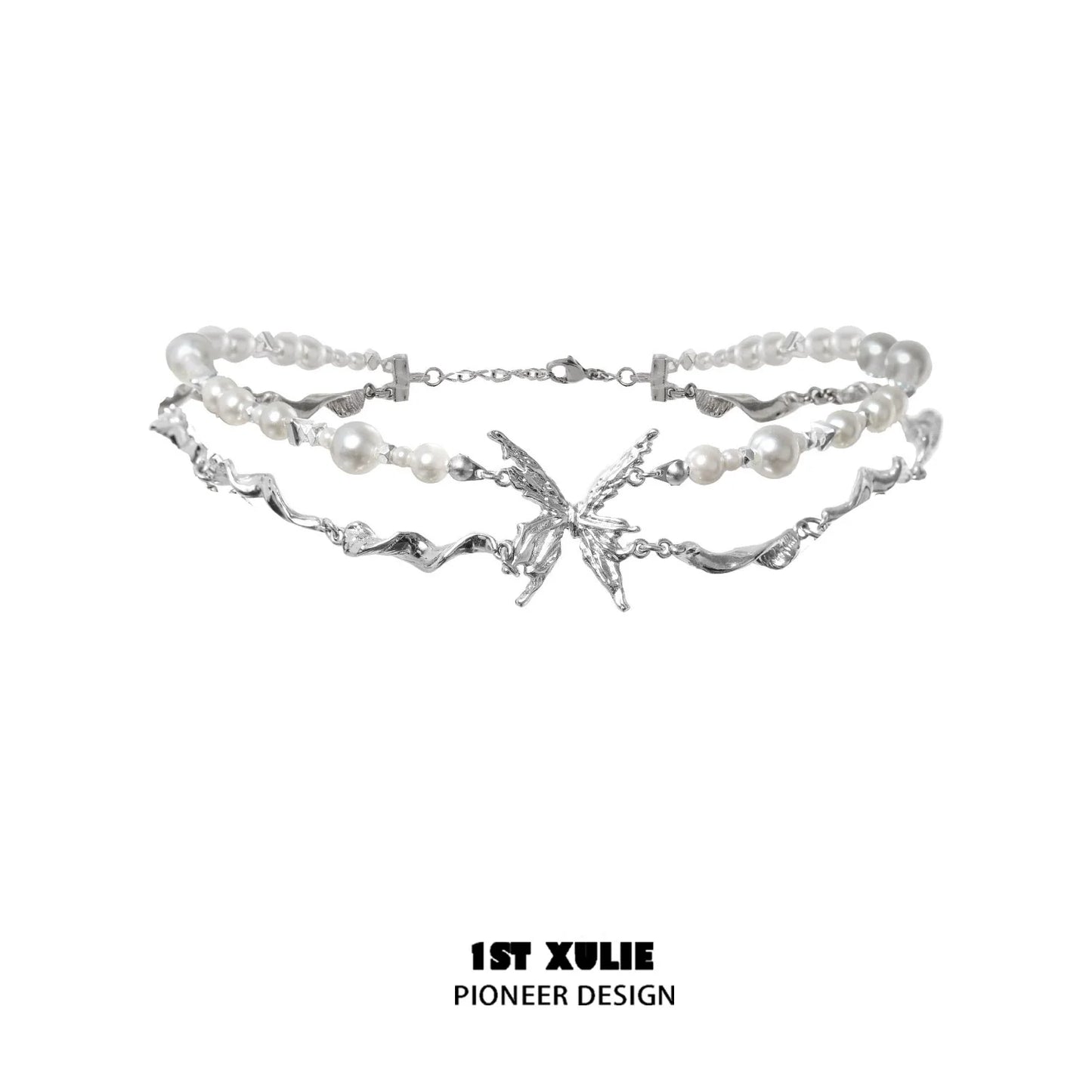 Stylish skeleton butterfly pearl necklace featuring silver-tone accents and elegant design