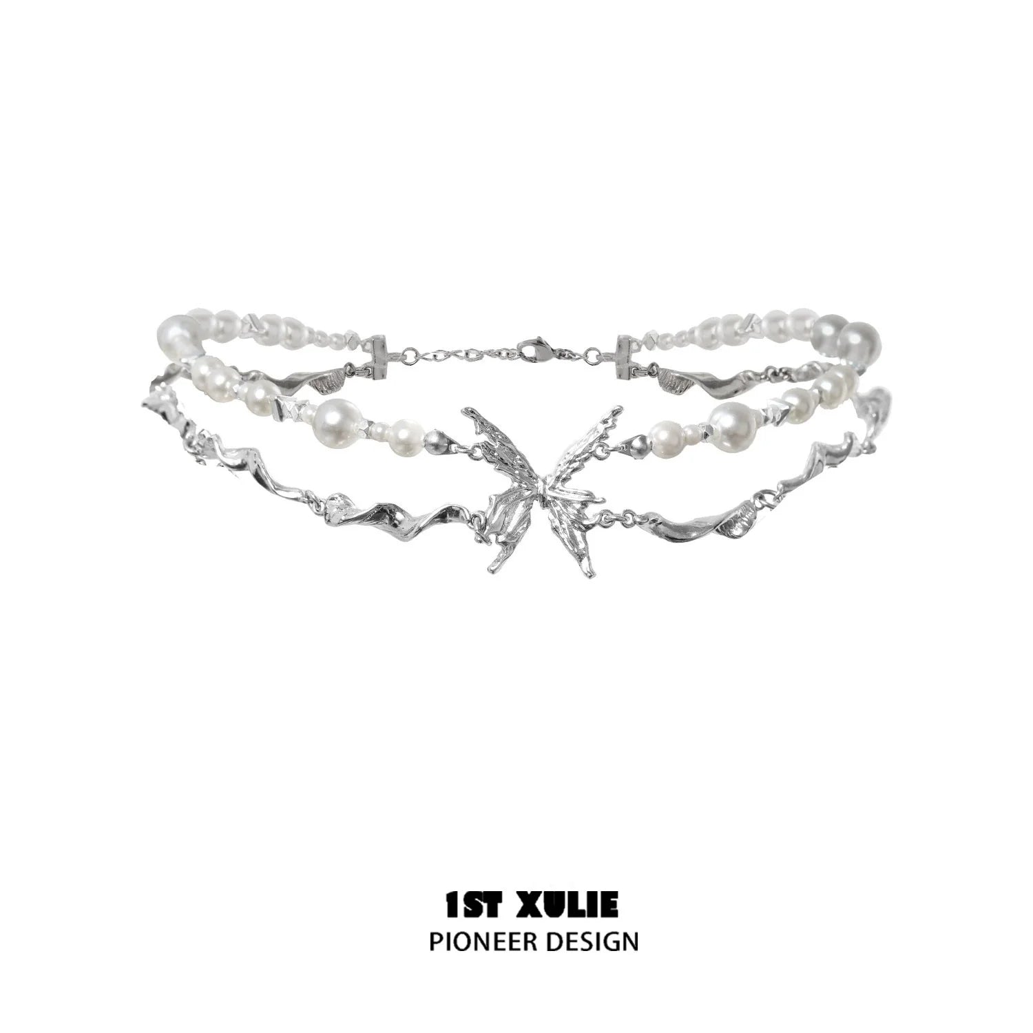 Stylish skeleton butterfly pearl necklace featuring silver-tone accents and elegant design
