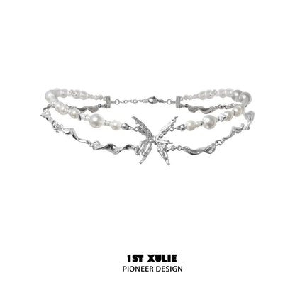 Stylish skeleton butterfly pearl necklace featuring silver-tone accents and elegant design
