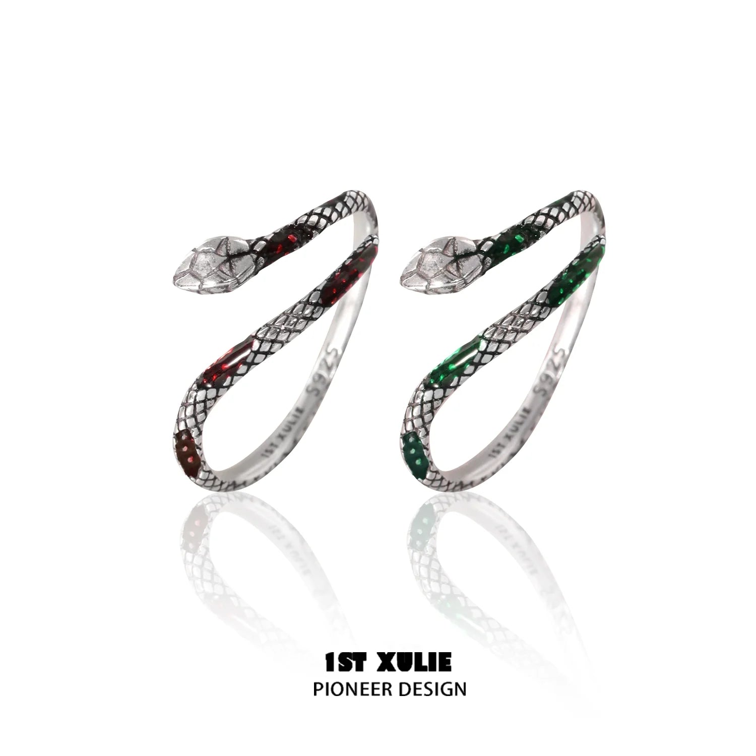 Slytherin snake couple rings in silver with red and green accents for stylish couples