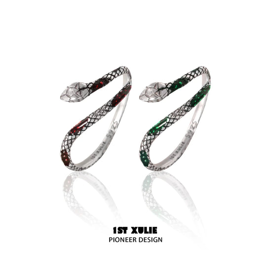 Slytherin snake couple rings in silver with red and green accents for stylish couples