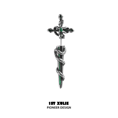 Slytherin snake earrings featuring a detailed snake design wrapped around a cross with green accents