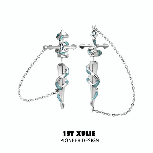 Stylish snake chain piercing earrings featuring silver and blue design, perfect for unique fashion statements