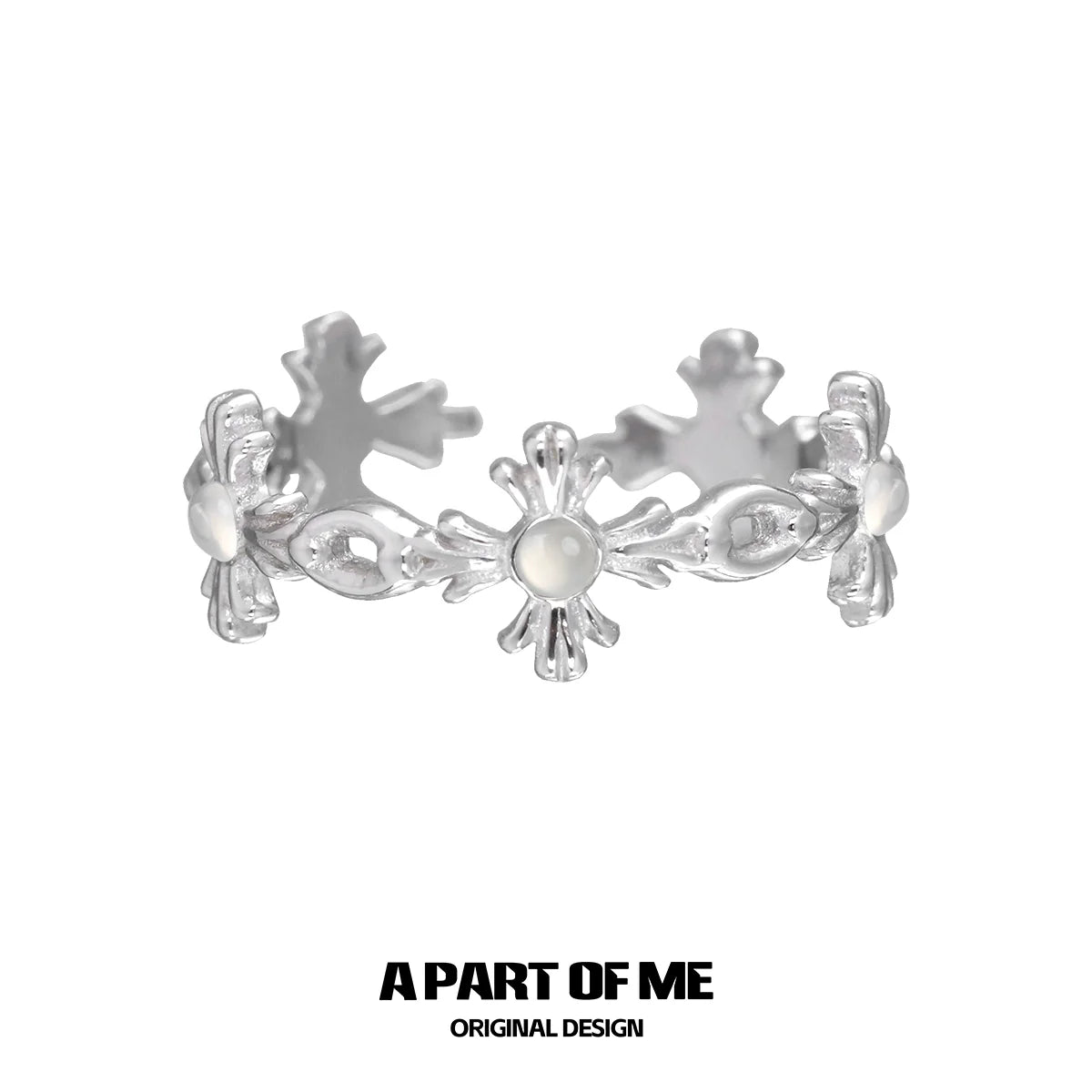 Silver snowflake cross agate ring featuring floral designs for a unique accessory
