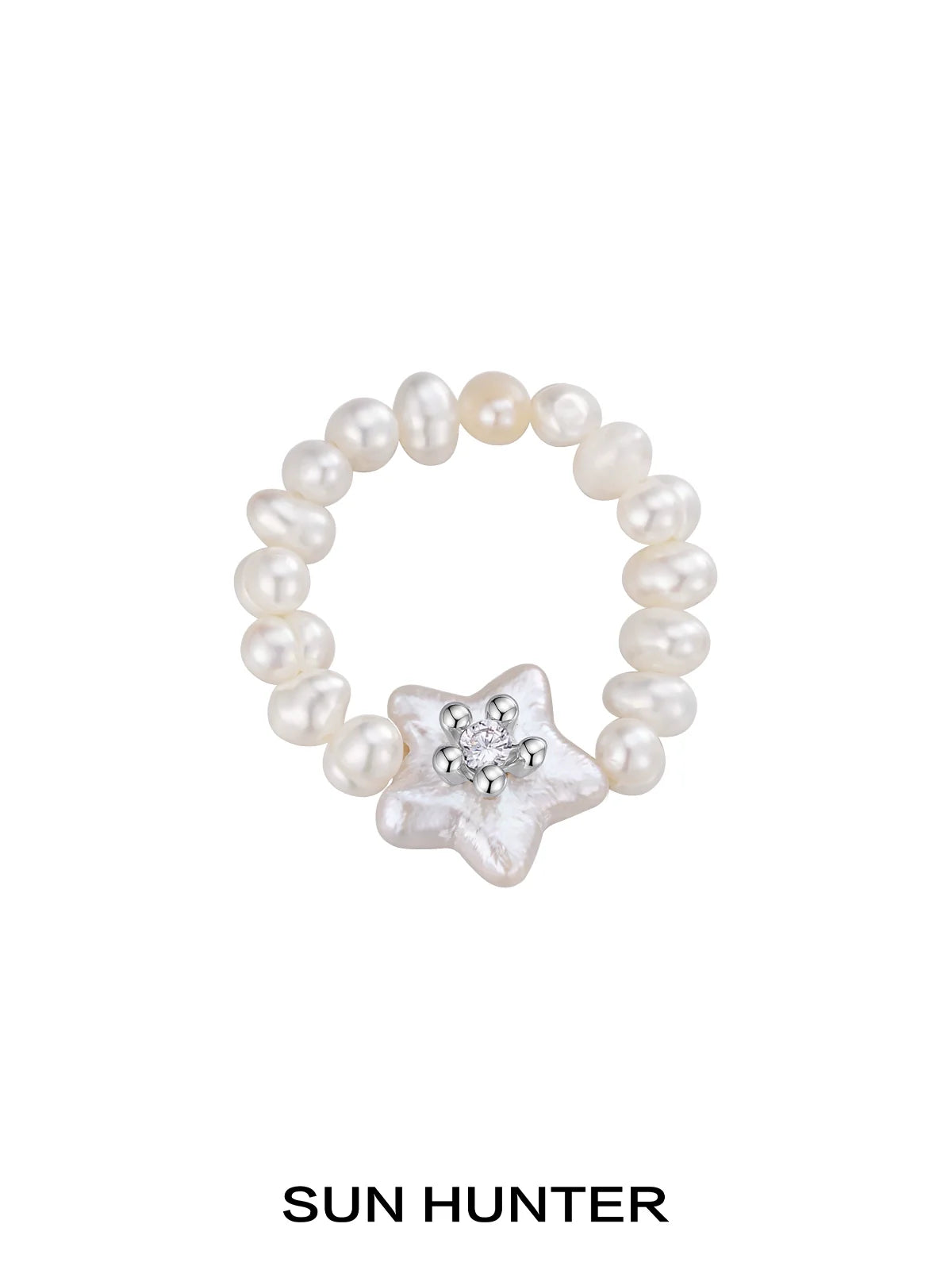 SUN HUNTER star pearl ring featuring shimmering star-shaped pearl with surrounding little pearls