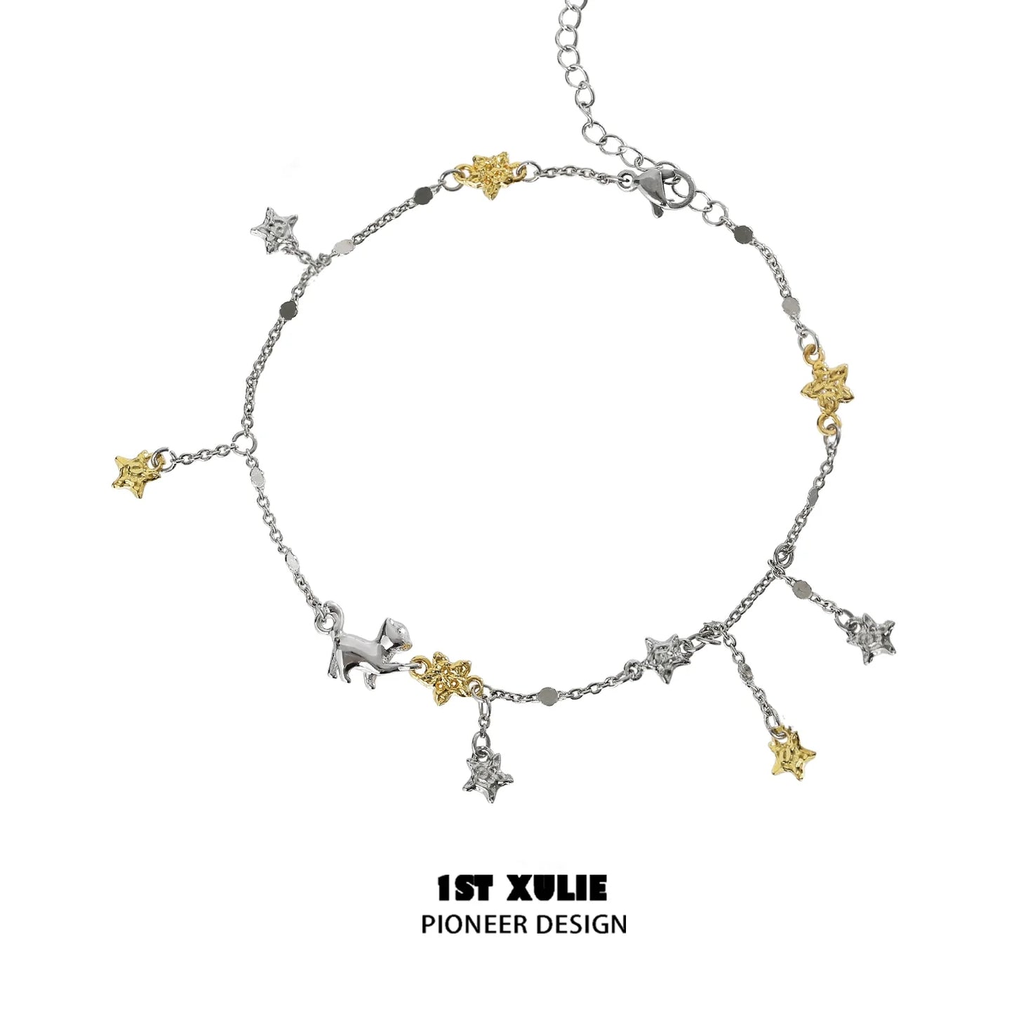 Star picking cat silver anklet with gold and silver star charms for a whimsical accessory