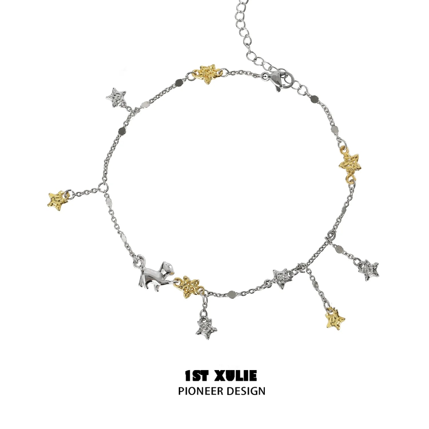 Star picking cat silver anklet with gold and silver star charms for a whimsical accessory