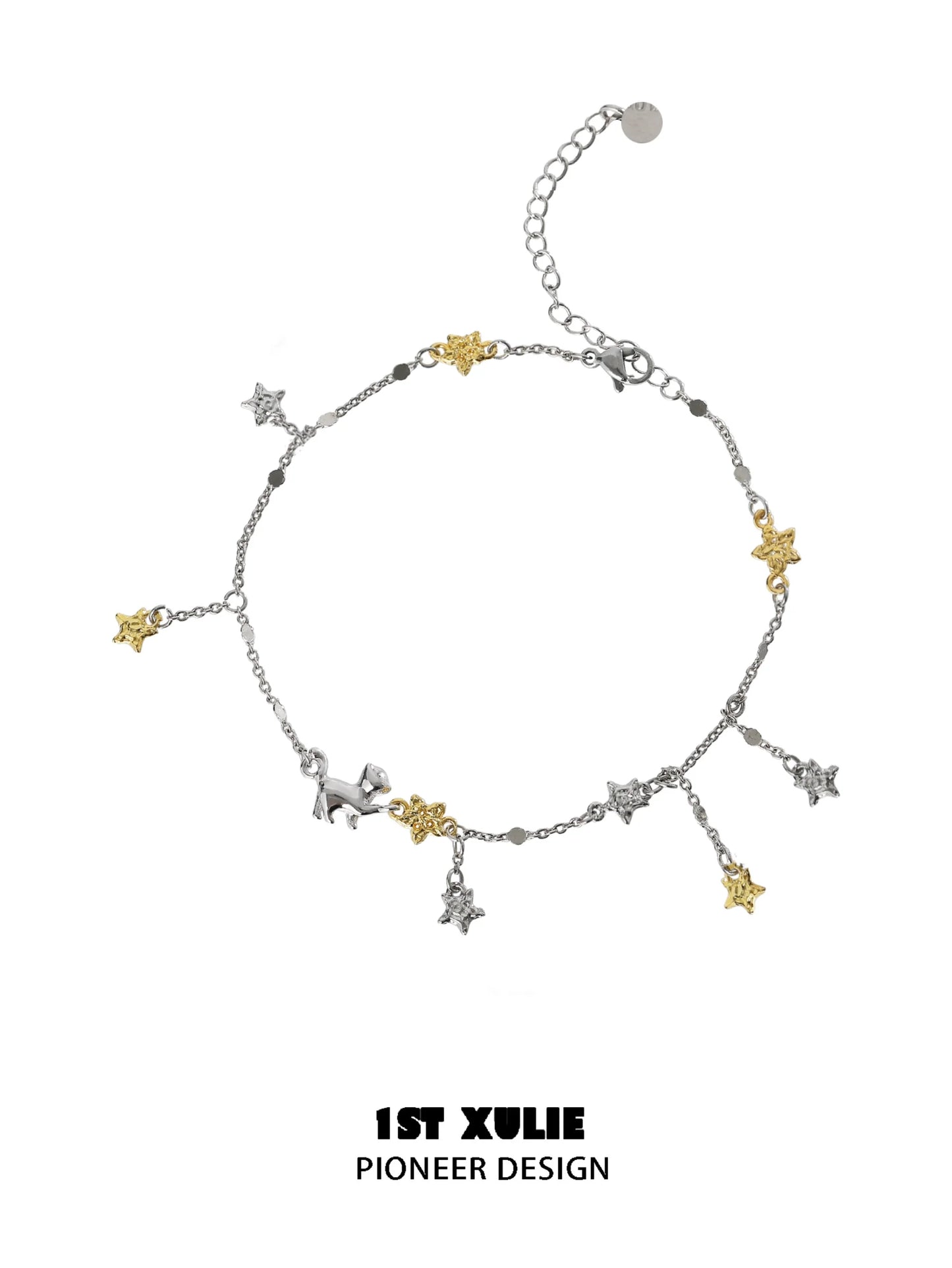 Star picking cat silver anklet with gold and silver star charms for a whimsical accessory
