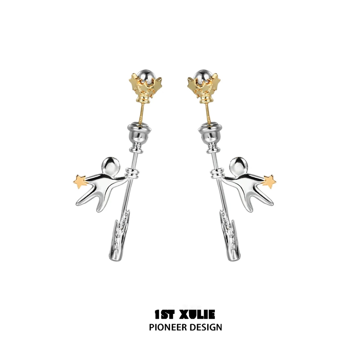 Unique 1ST XULIE star stud earrings featuring a playful design with silver and gold accents