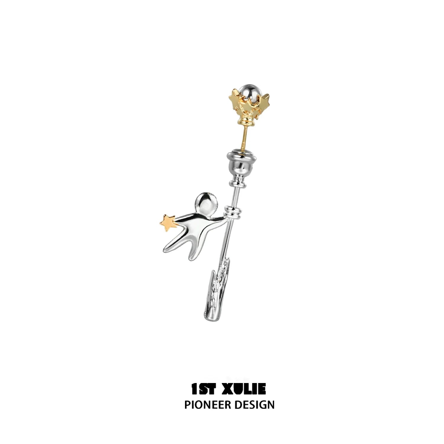1ST XULIE unique star stud earrings featuring a playful design and a mix of silver and gold accents