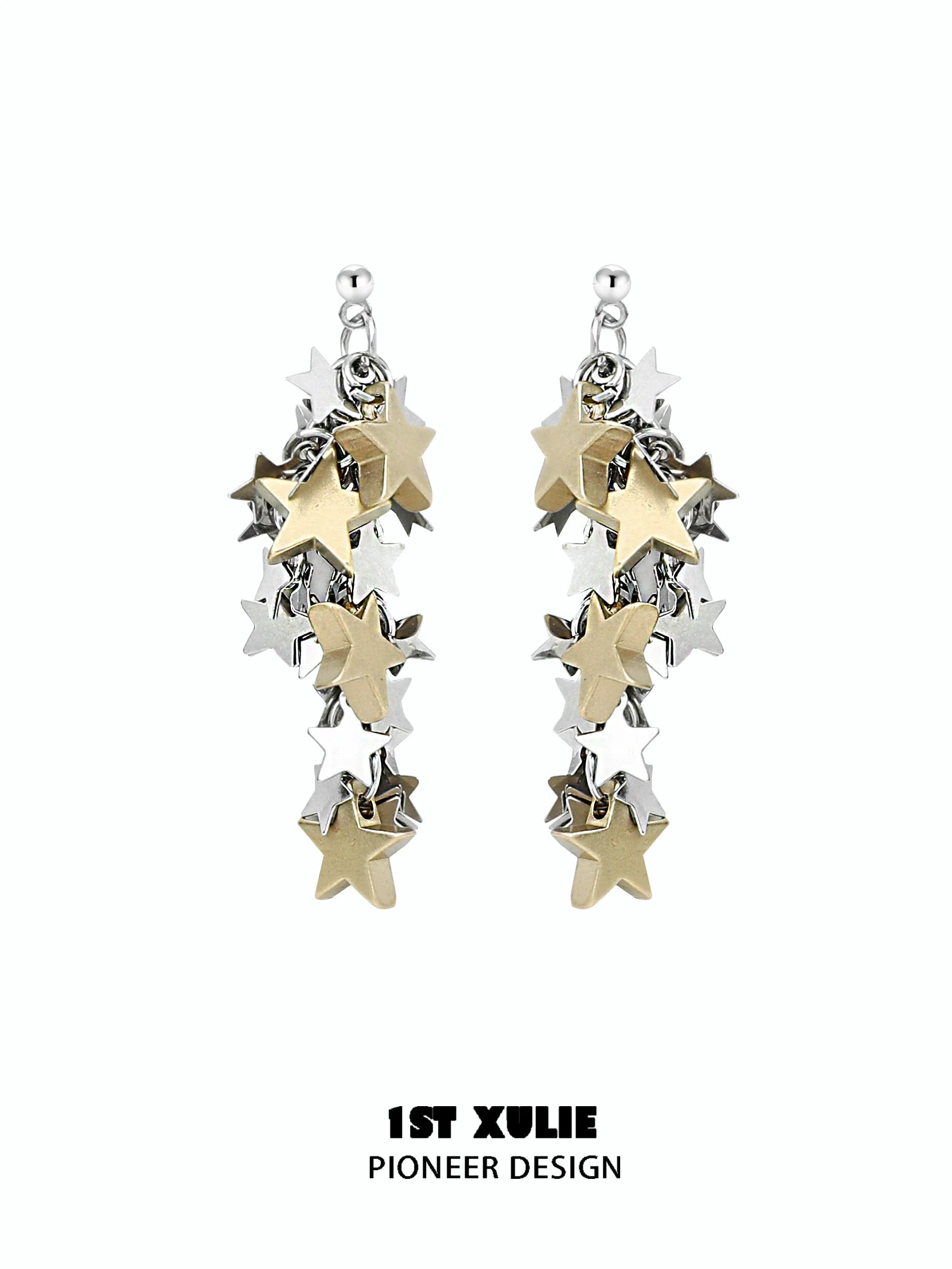 Unique silver and gold star tassel earrings with layered star designs for trendy style