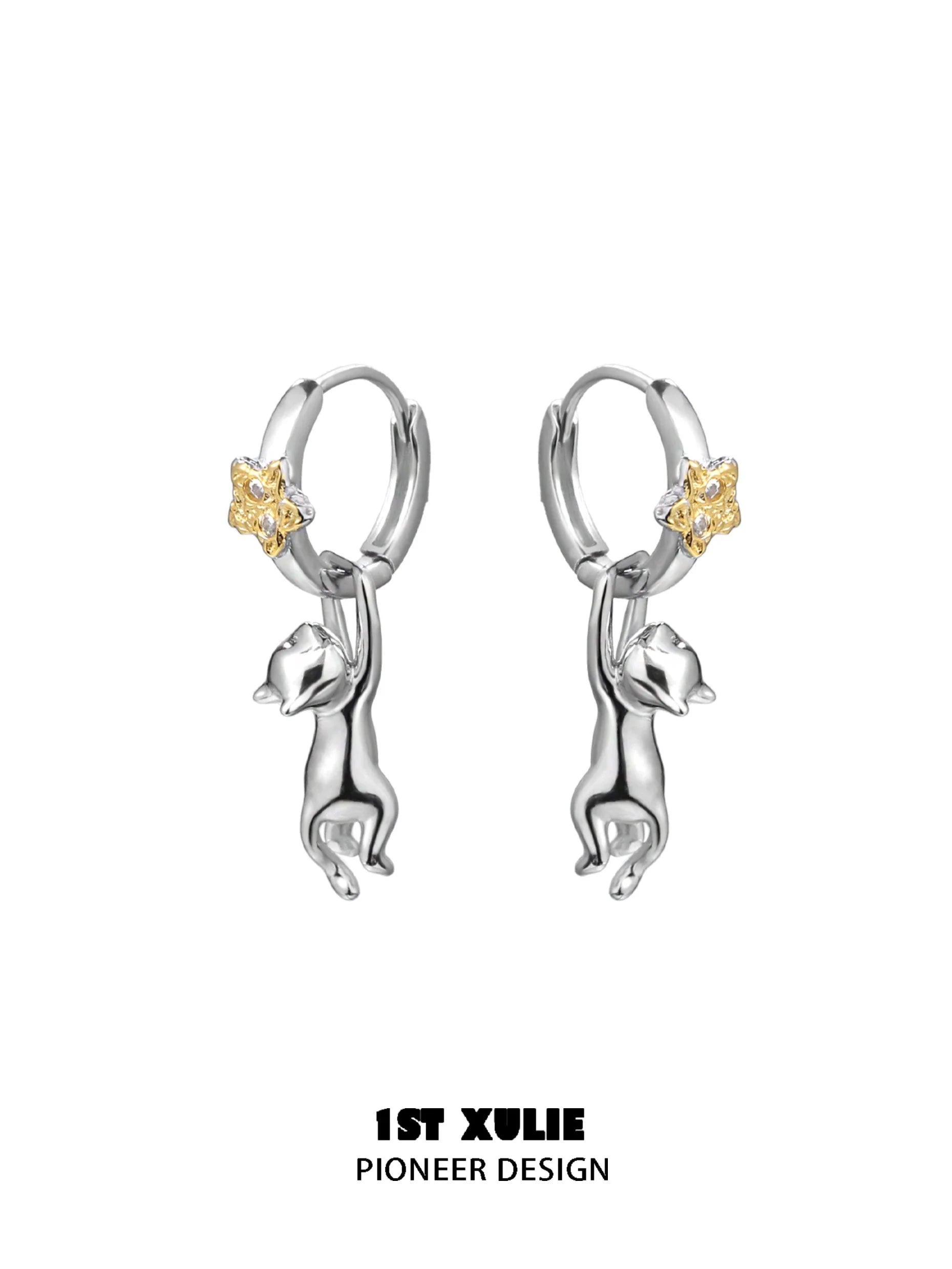 Starlit cat silver earrings with a playful cat design and yellow star accents