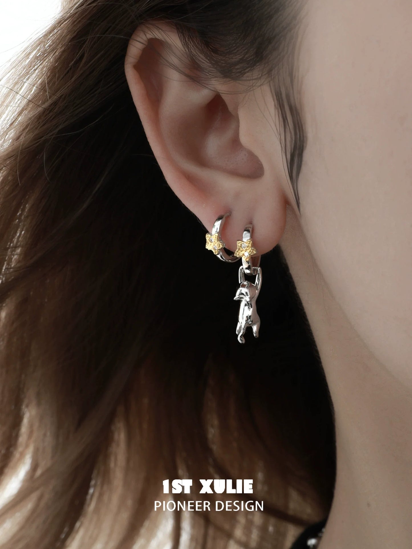Starlit cat silver earrings featuring a playful cat and star design for stylish accessories