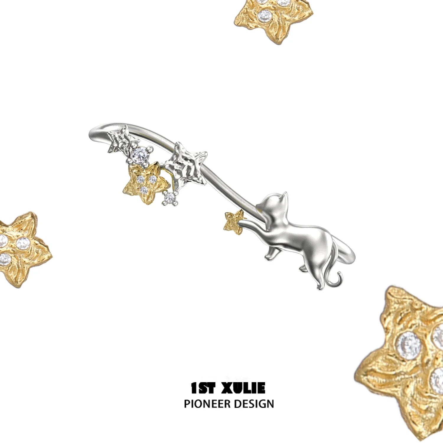 1ST XULIE Starry Cat Ear Cuff in Silver with Floral and Star Accents for Unique Ear Jewelry