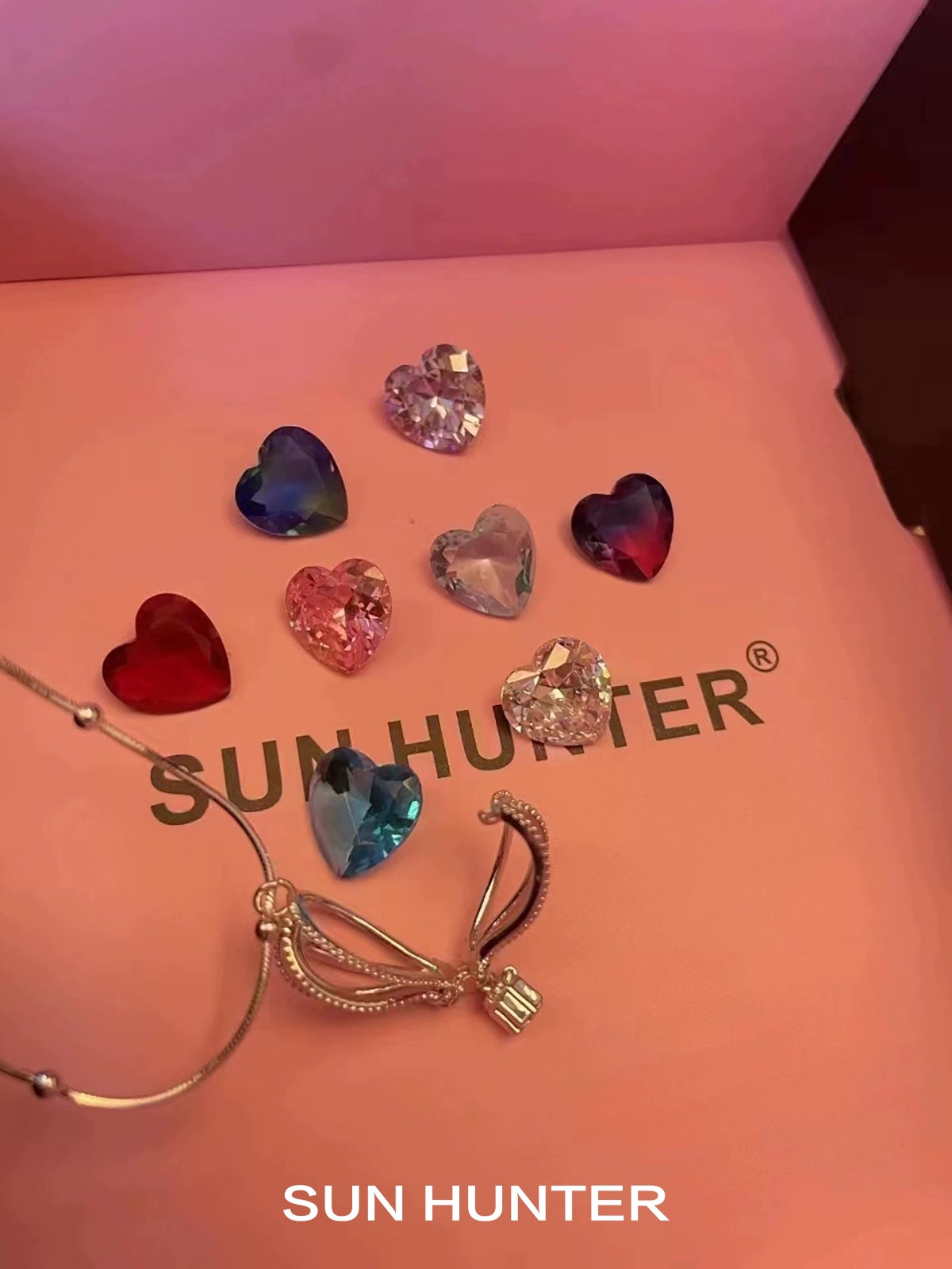 SUN HUNTER Jewelry colorful balloon zircon necklace for women displayed with colorful heart-shaped zircon stones