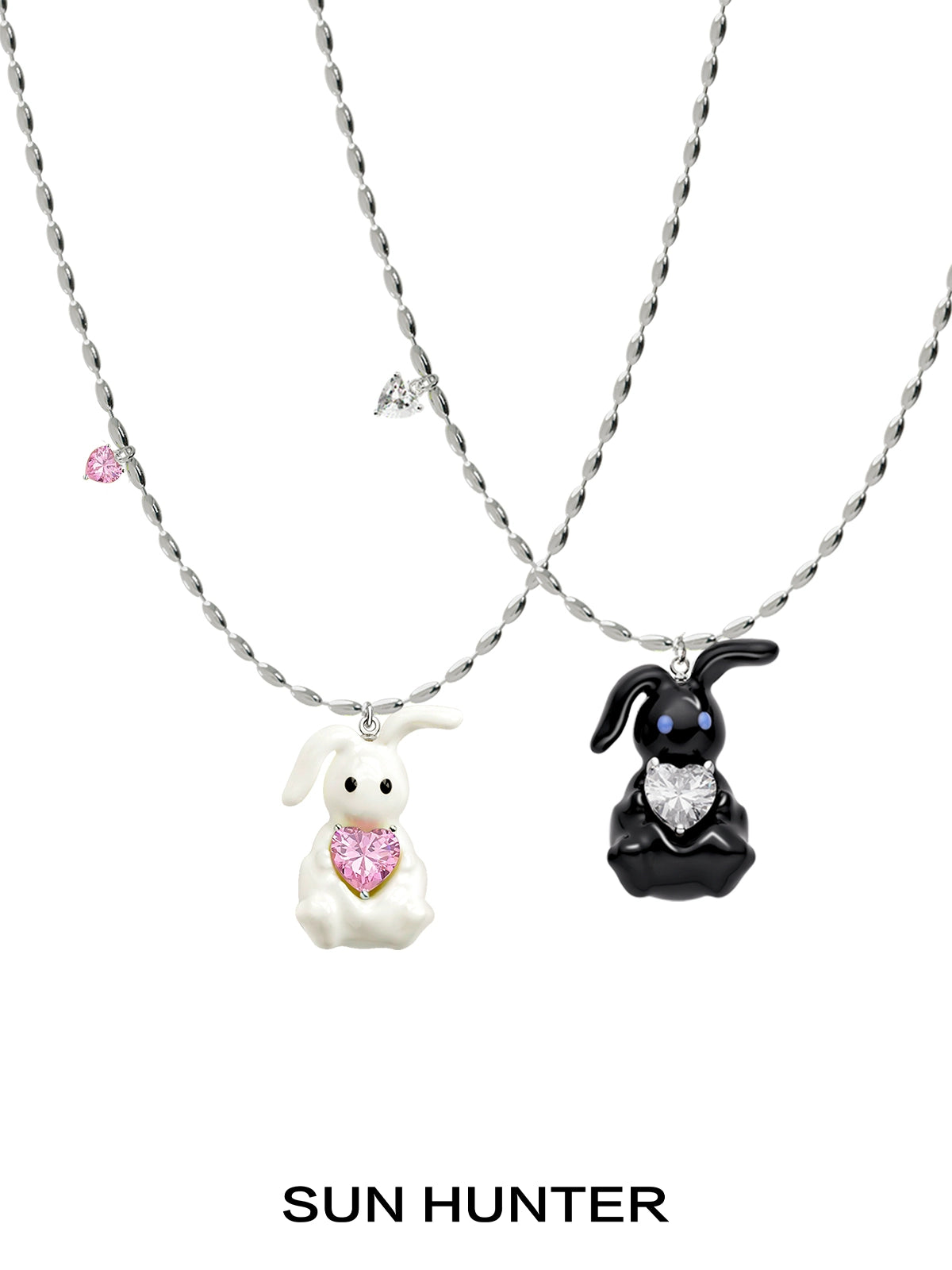 Sun Hunter Jewelry Cute Rabbit Necklace for Women in Black and White with Heart Detail