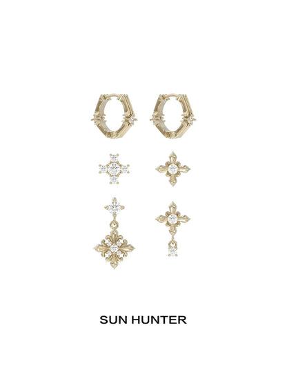 SUN HUNTER Maillard Iris stud earrings set featuring elegant gold and sparkling stones