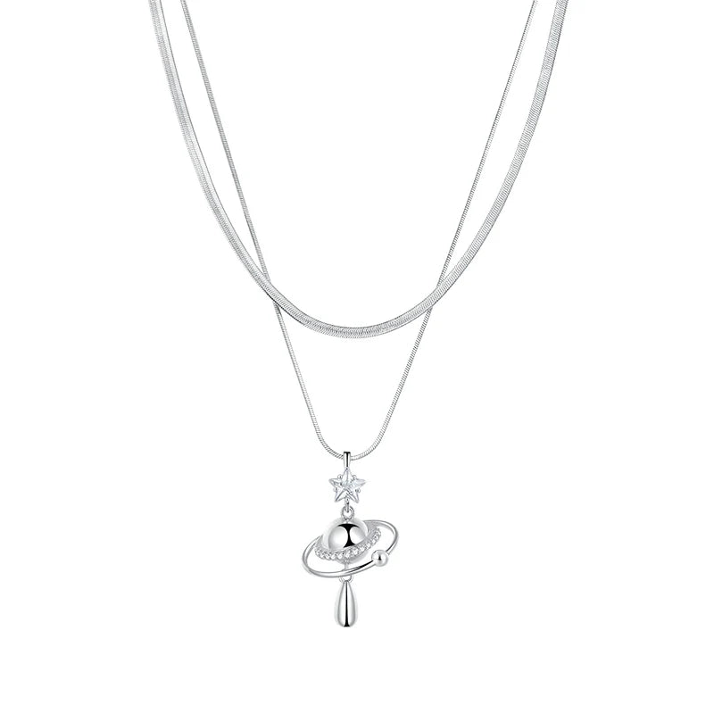 SUN HUNTER universe planet silver necklace with layered design and planet charm for celestial lovers