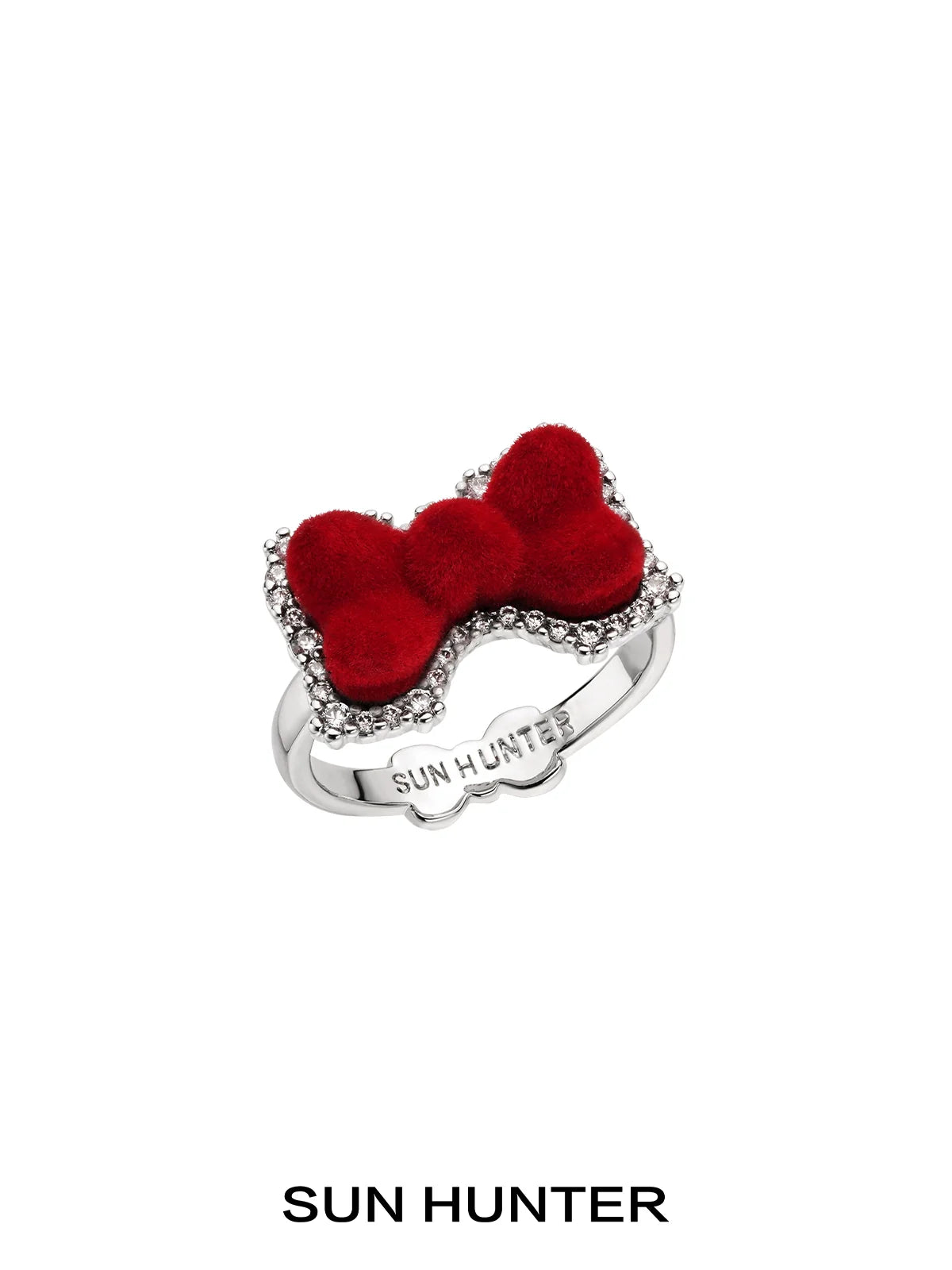 Sun Hunter velvet butterfly heart ring featuring a red velvet bow and sparkling accent stones