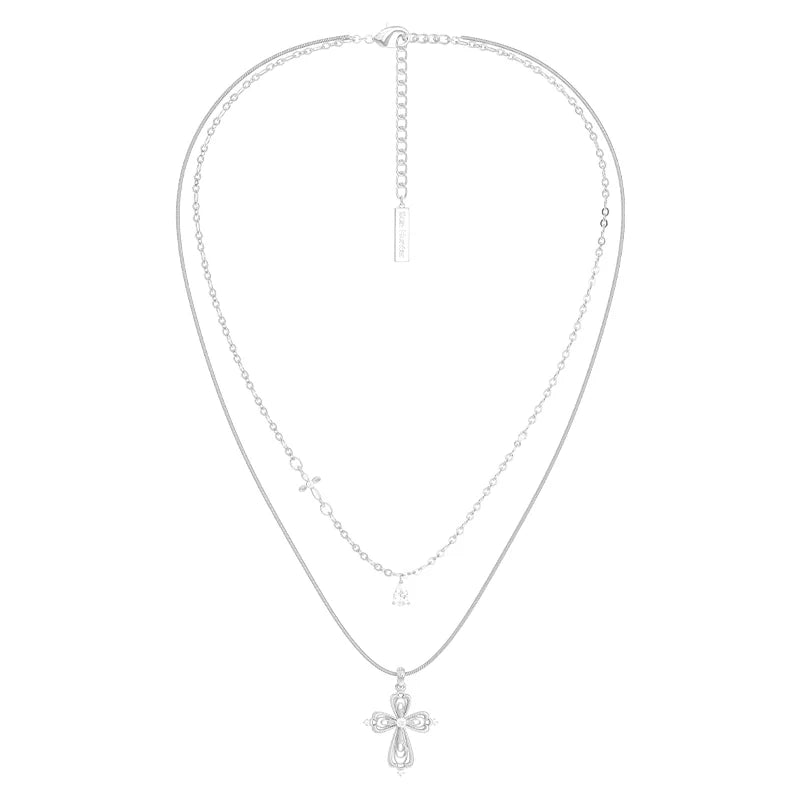 SUN HUNTER Teardrop Cross Necklace with Layered Chains and Elegant Pendant Design