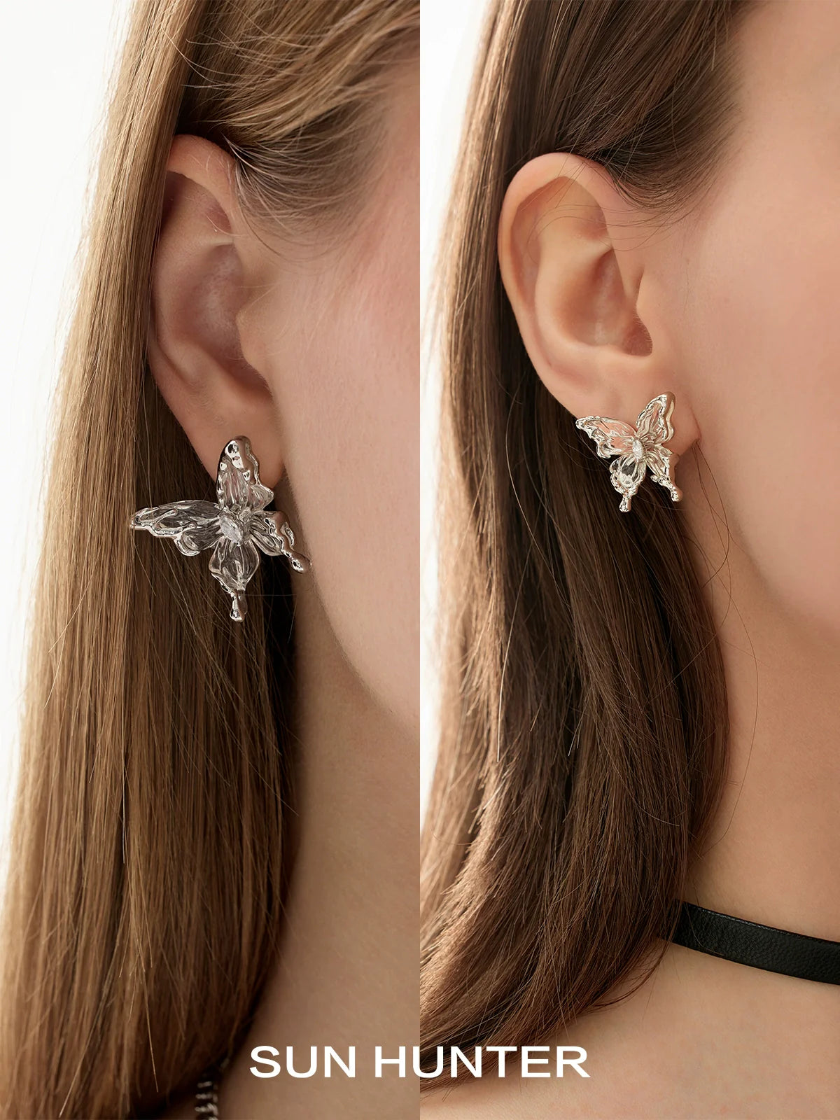Elegant transparent butterfly earrings by SUN HUNTER, showcasing intricate design and lightweight style