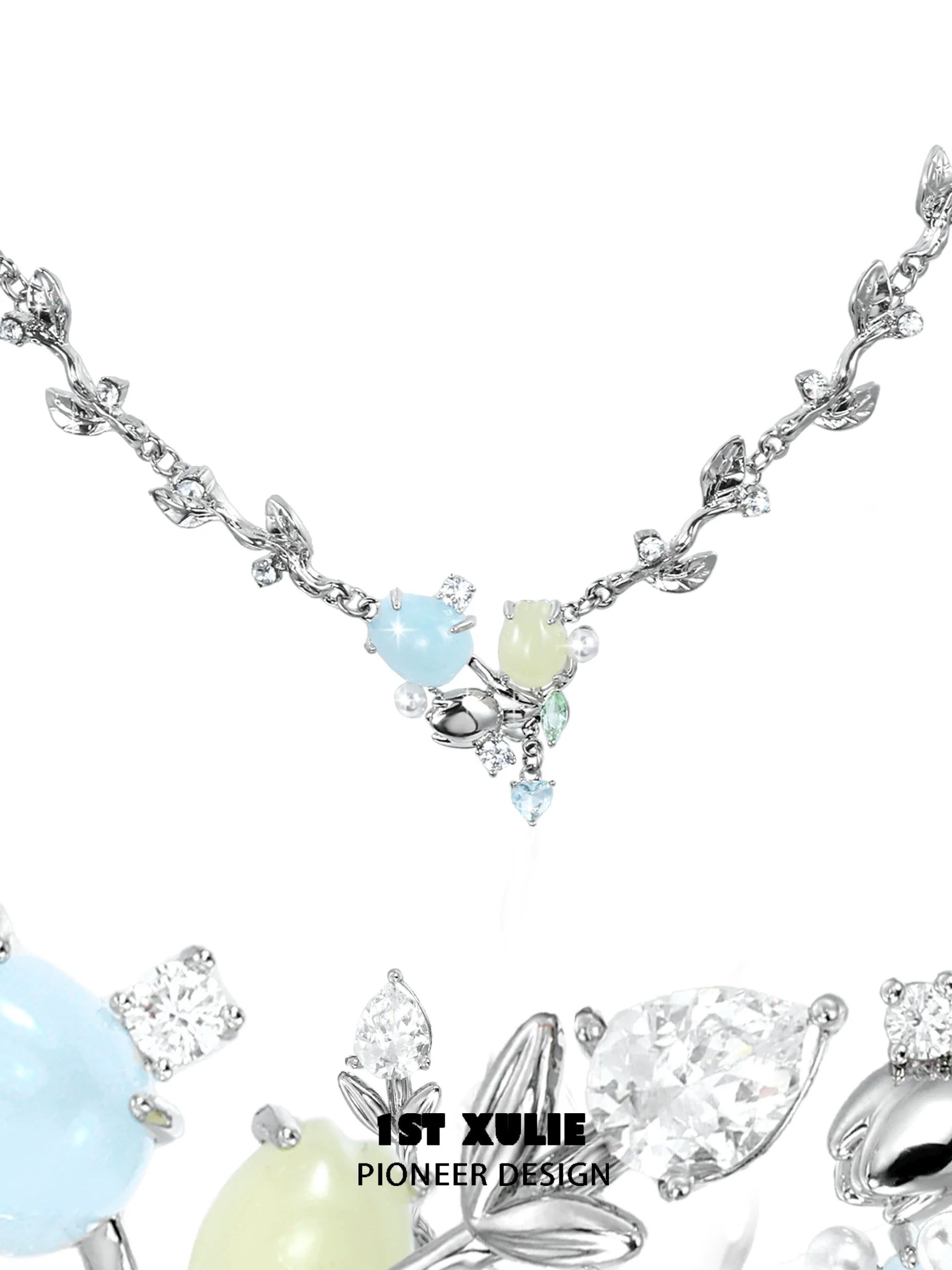 Elegant tulip clavicle necklace featuring colorful stones and leaf accents in a silver setting