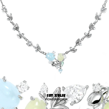 Elegant tulip clavicle necklace featuring gemstones in pastel colors and intricate silver design