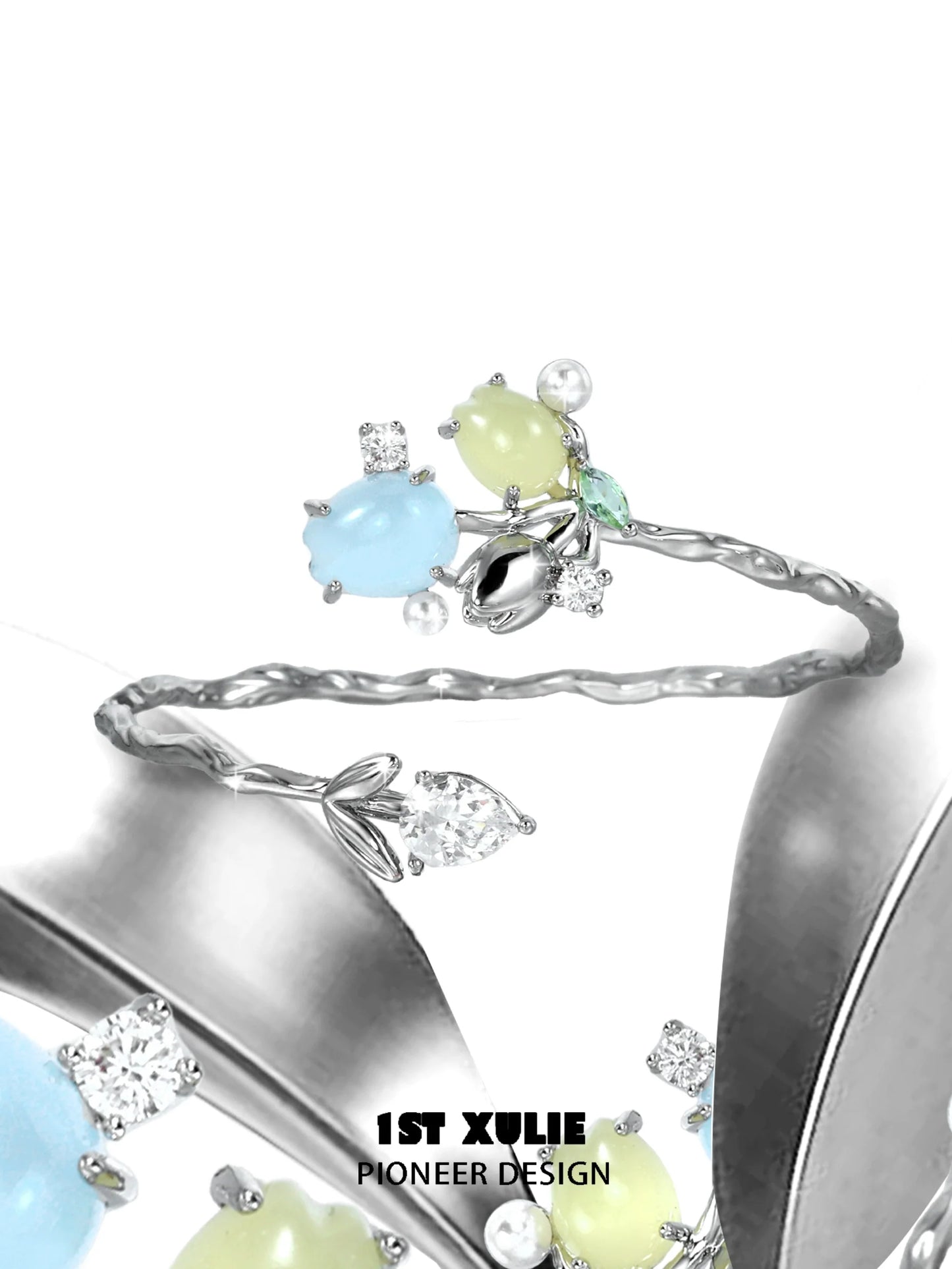 1ST XULIE Tulip Silver Bracelet with Colorful Gemstones and Elegant Floral Design