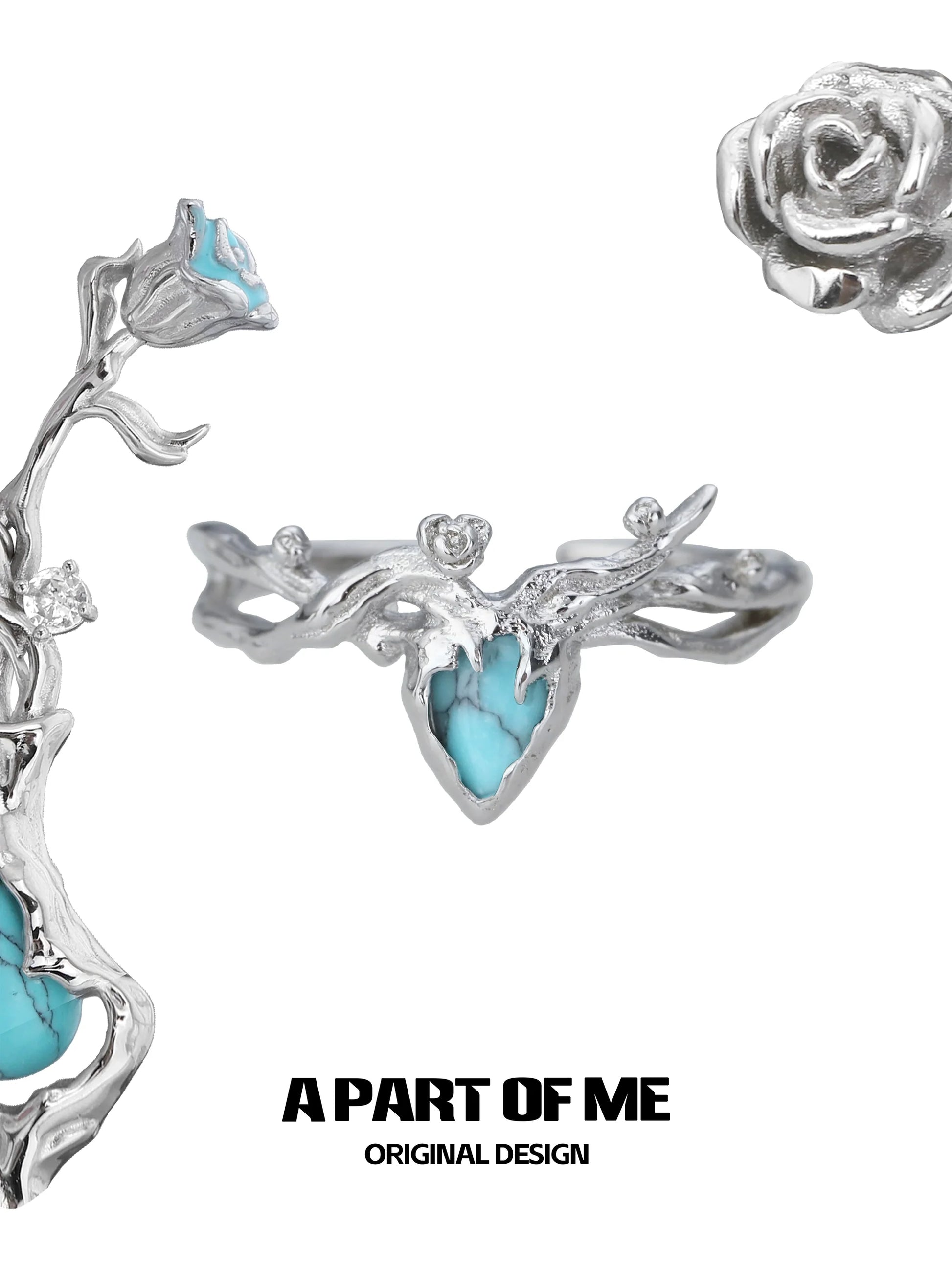 A Part of Me turquoise rose ring in silver, featuring intricate floral designs and a vibrant turquoise stone
