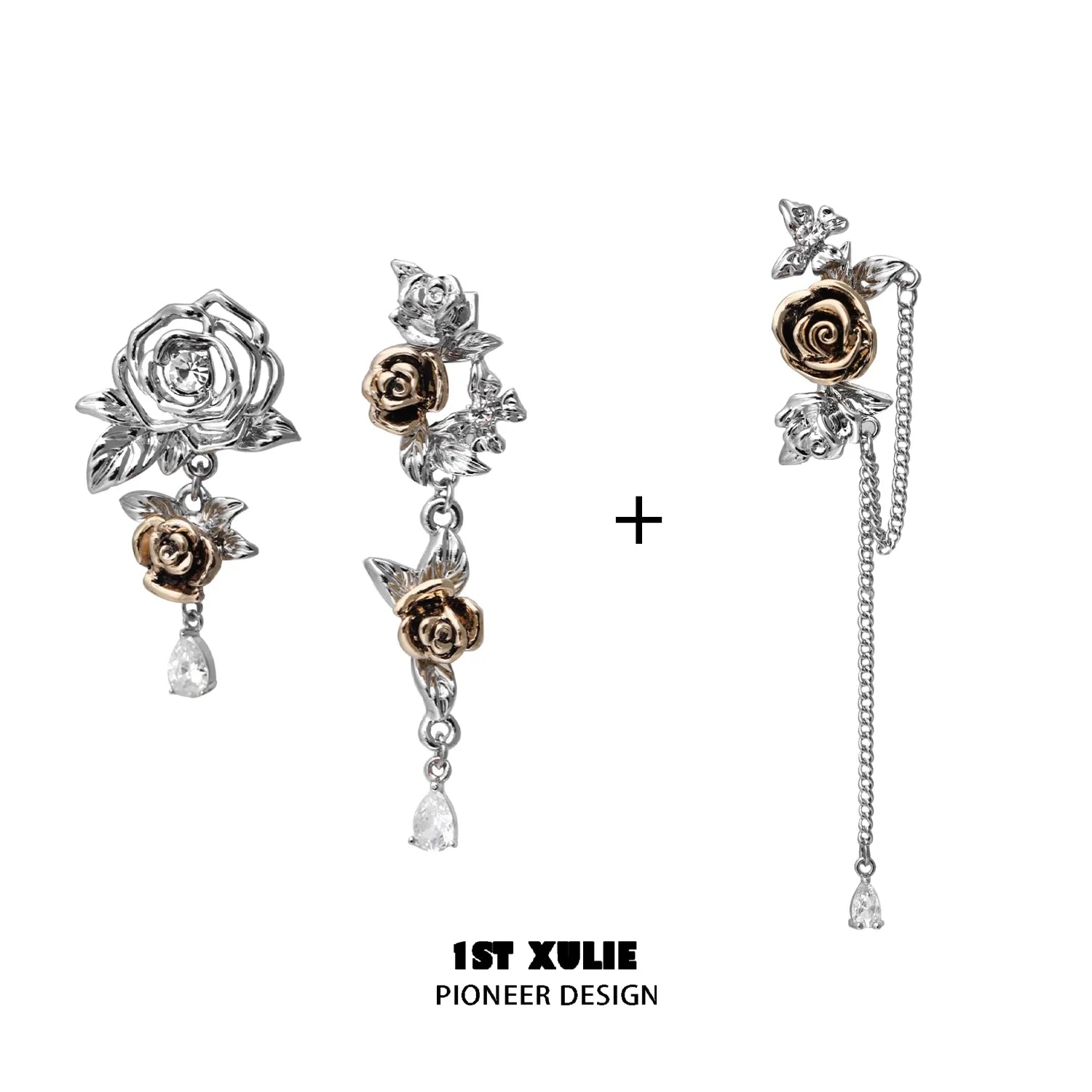 Twilight rose punk earrings featuring floral design with silver and gold accents for a stylish look