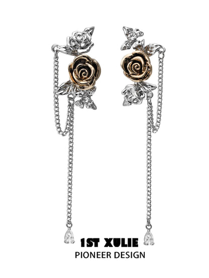 Twilight rose punk earrings designed with silver chains and gold rose accents for a unique look
