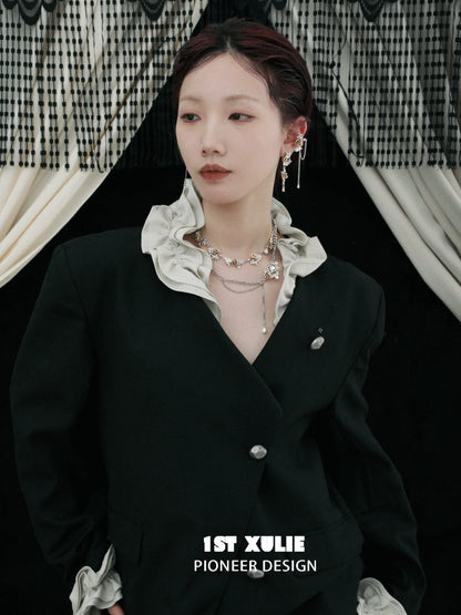 Twilight rose punk earrings shining brightly against a stylish black outfit for a bold fashion statement