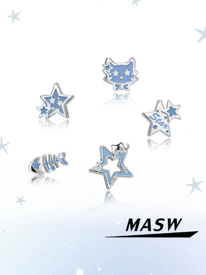 MASW Jewelry Unique Animal Earrings for Women in Blue Star and Cat Designs