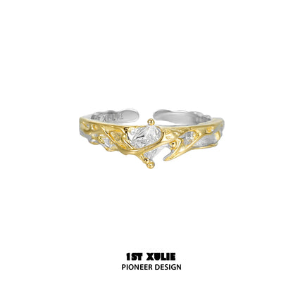 Unique couple rings in silver and gold with a stylish branch design for couples who cherish love