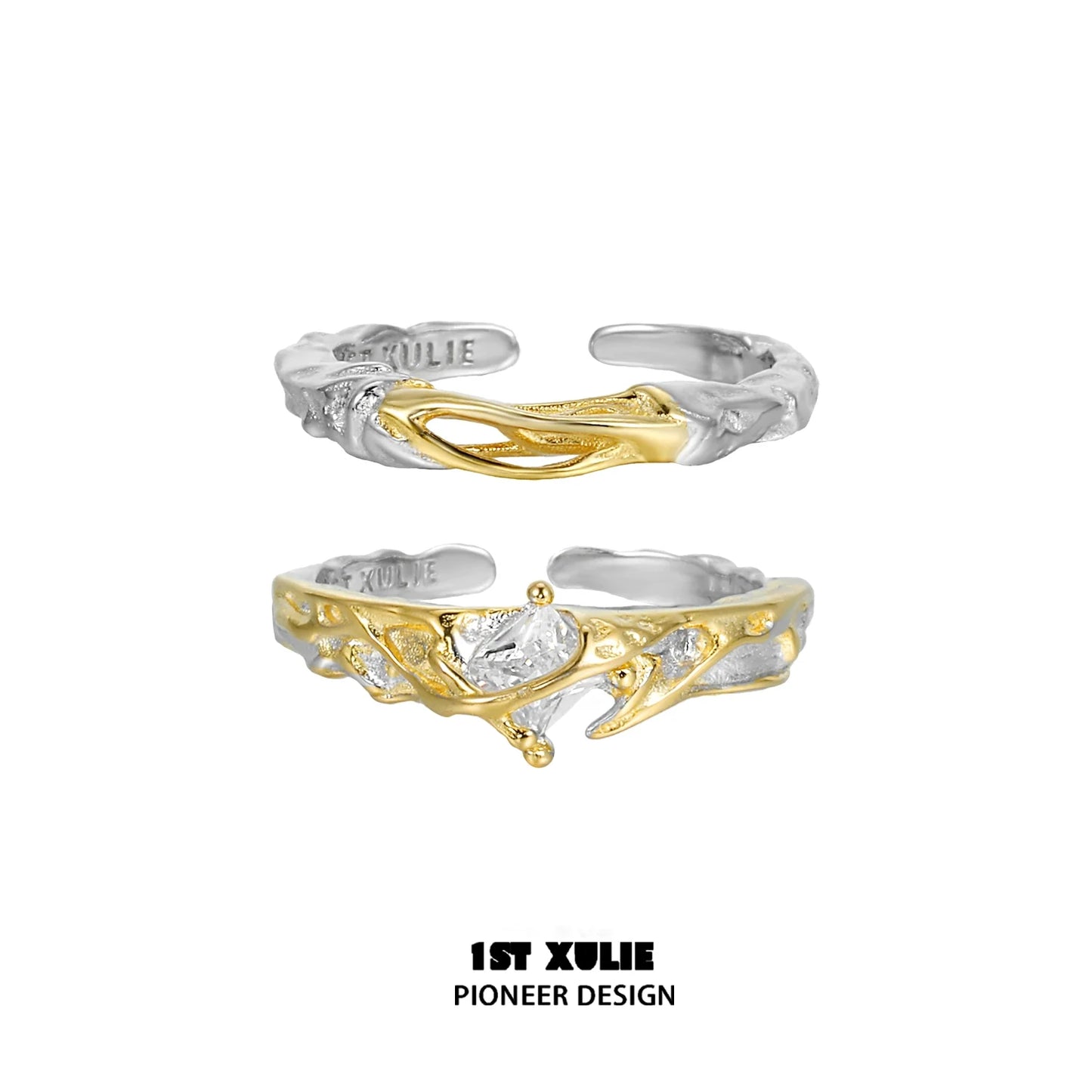 Unique couple rings crafted with intertwined designs in silver and gold for a romantic touch