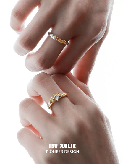 Unique couple rings featuring intertwined designs in silver and gold for a romantic touch